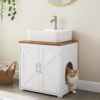 unipaws Cat Litter Box Enclosure & Bathroom Sink Cabinet, Waterproof Wooden Sink Storage with Cat Door, Hidden Litter Box Furniture and Cat House (Walnut/White)