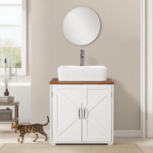 Alternative view of unipaws Cat Litter Box Enclosure & Bathroom Sink Cabinet, Waterproof Wooden Sink Storage with Cat Door, Hidden Litter Box Furniture and Cat House (Walnut/White)